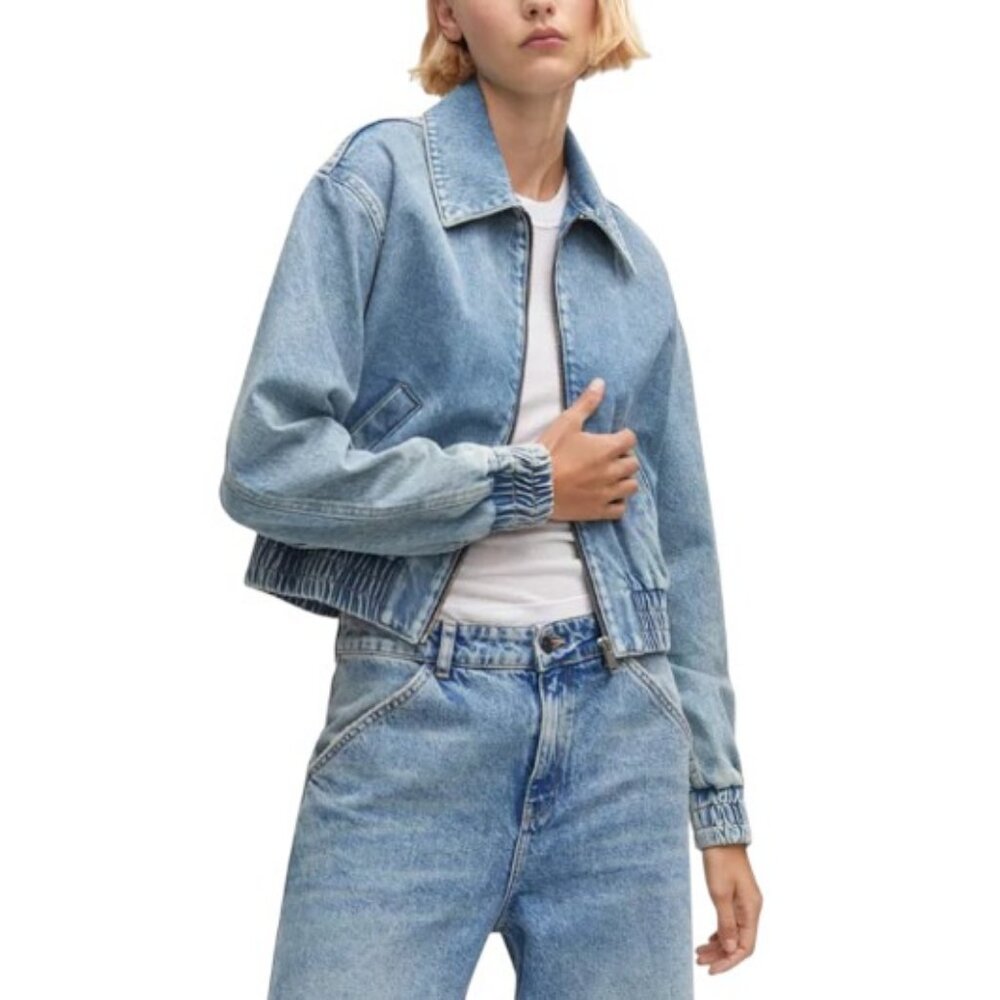Mango blue collared full zip denim bomber jacket size M